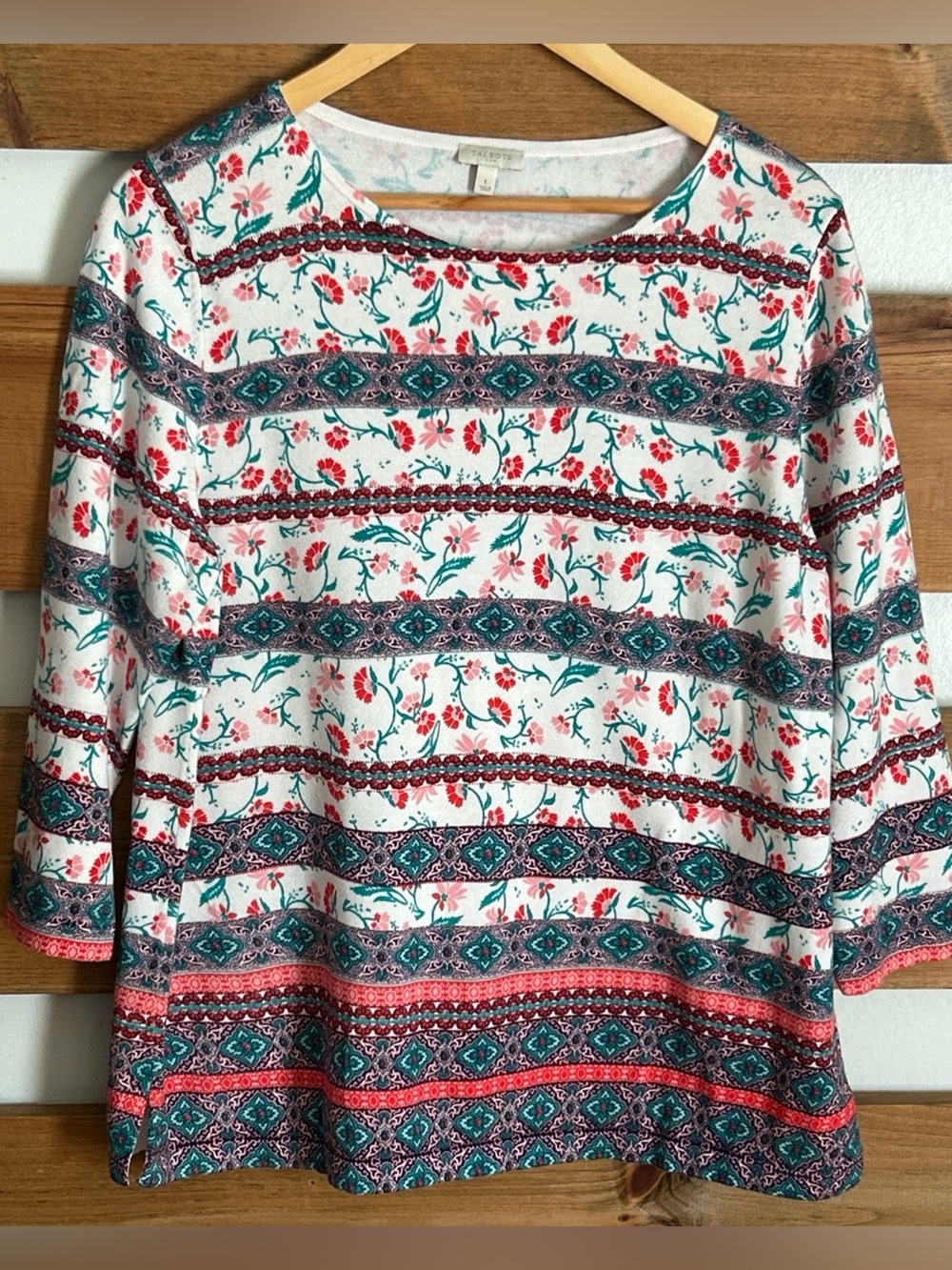 Talbots Bateau Neck 3/4 Sleeve Floral Stripe Design Cotton Sweater Women's Large
